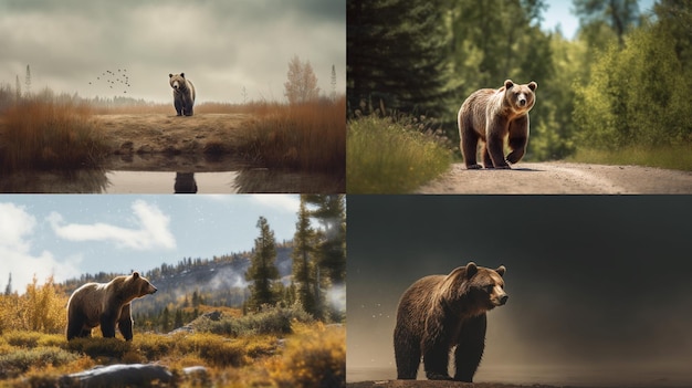 Un collage di foto di un orso su una strada