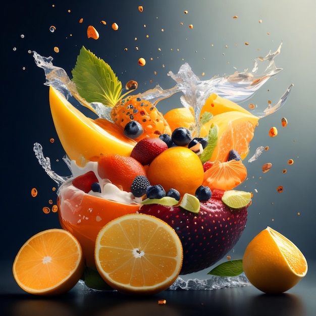 Un collage di frutta e spruzzi d'acqua