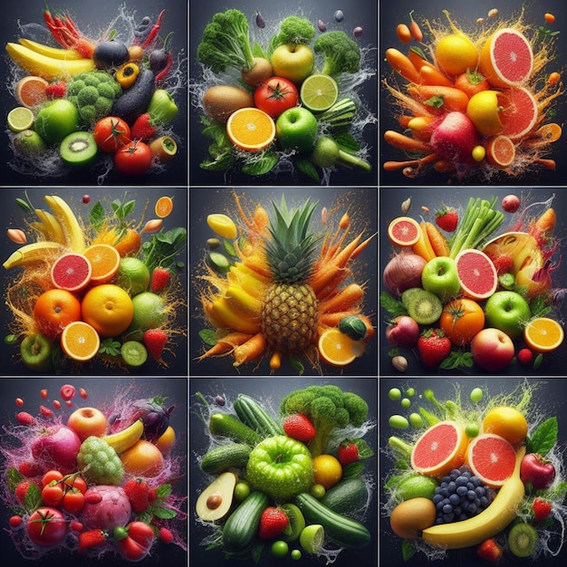 Un collage di immagini con frutta e verdura fresca un gruppo di frutta diversa