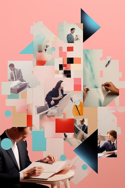 un collage di persone con diversi quadrati colorati e un uomo sta lavorando con una penna