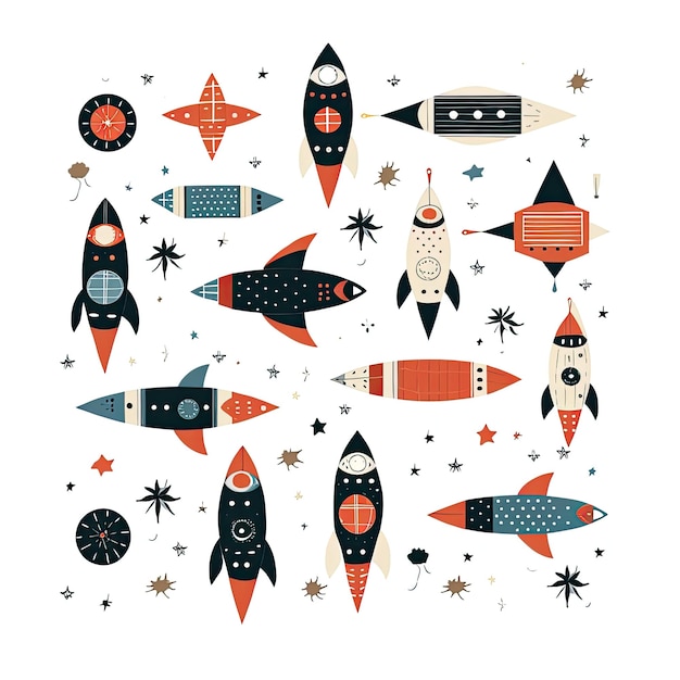 Un collage di razzi a razzo con stelle e la scritta "razzo" sul fondo.