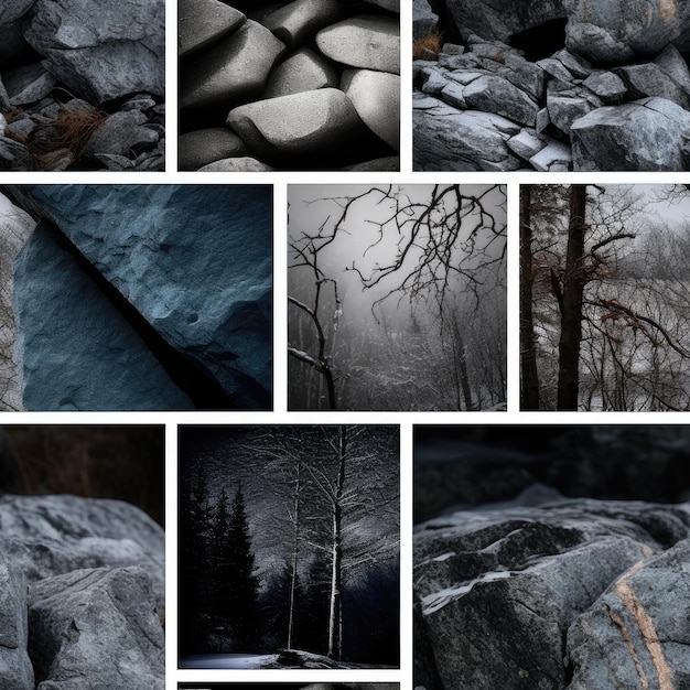 Un collage di rocce e alberi