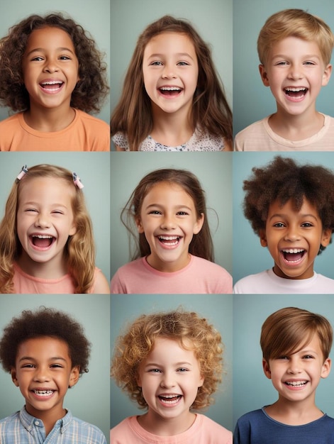 un collage di un gruppo di bambini con espressioni diverse