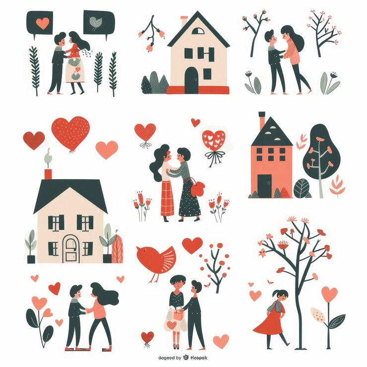 un collage di una collage di immagini con una coppia e una casa con cuori e alberi