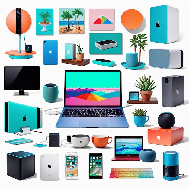 un collage digitale di gadget tecnologici iconici come l'iPhone MacBook e Amazon Echo nello stile