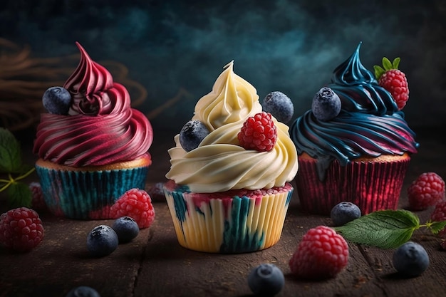 Un colorato assortimento di cupcakes con glassa di crema a spirale e frutti di bosco tra cui cioccolato alla vaniglia, mirtilli e lamponi Anche una confezione per muffin ai mirtilli IA generativa