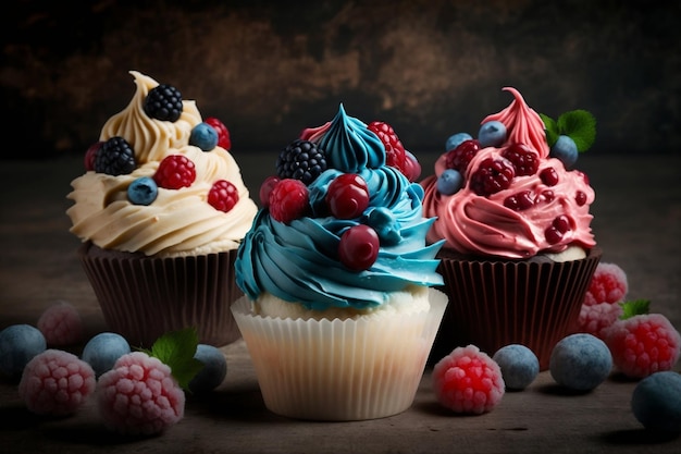 Un colorato assortimento di cupcakes con glassa di crema a spirale e frutti di bosco tra cui cioccolato alla vaniglia, mirtilli e lamponi Anche una confezione per muffin ai mirtilli IA generativa