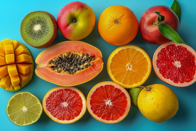 Un colorato assortimento di frutti tropicali freschi su uno sfondo blu