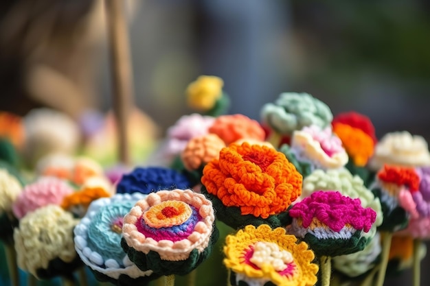 Un colorato bouquet di fiori all'uncinetto si trova su un tavolo.