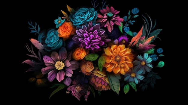 Un colorato bouquet di fiori con uno sfondo nero.