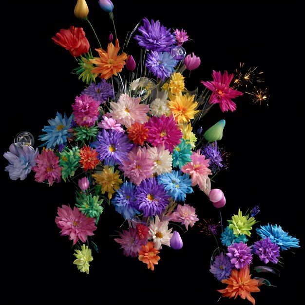 Un colorato bouquet di fiori è in uno sfondo nero.