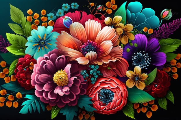 Un colorato bouquet di fiori su sfondo nero