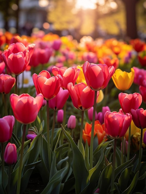 Un colorato campo di tulipani in piena fioritura.