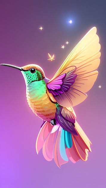 Un colorato colibrì volante carino con uno sfondo colorato