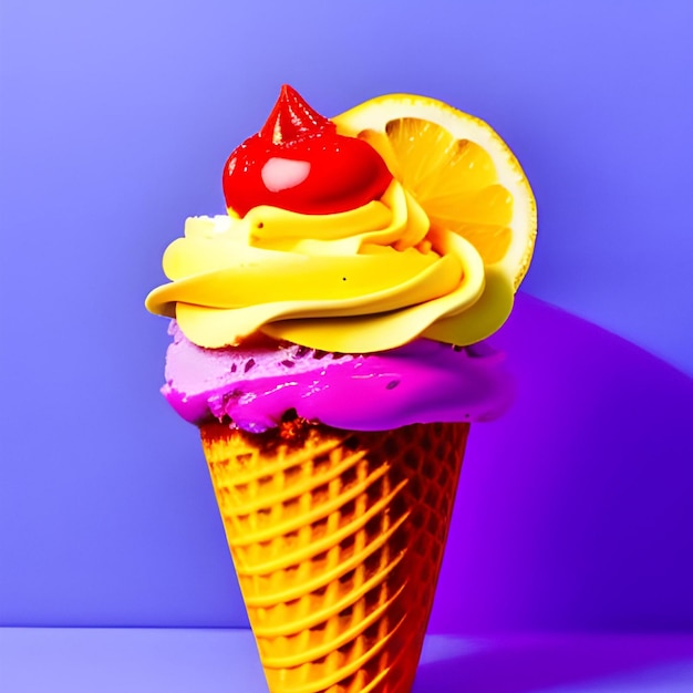 Un colorato cono gelato con sopra una ciliegia rossa e un limone