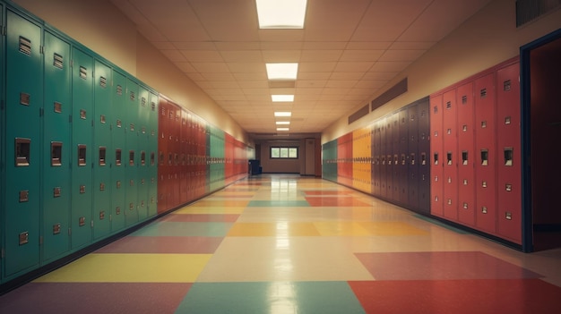 Un colorato corridoio scolastico con armadietti catturato all'alba prima dell'inizio della scuola IA generativa