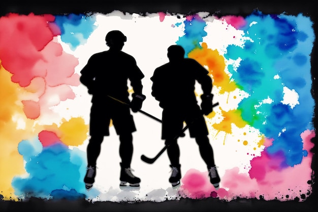 Un colorato dipinto ad acquerello di due giocatori di hockey con le parole hockey sul fondo.