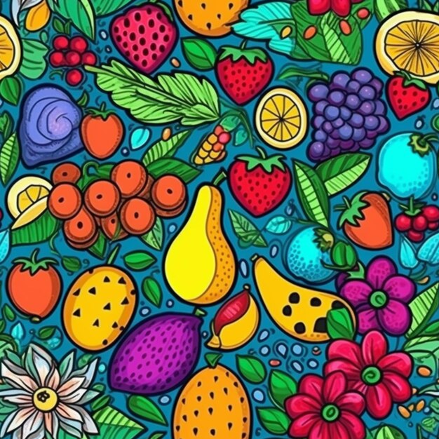 un colorato disegno di frutta e verdura con foglie e fiori generativo ai