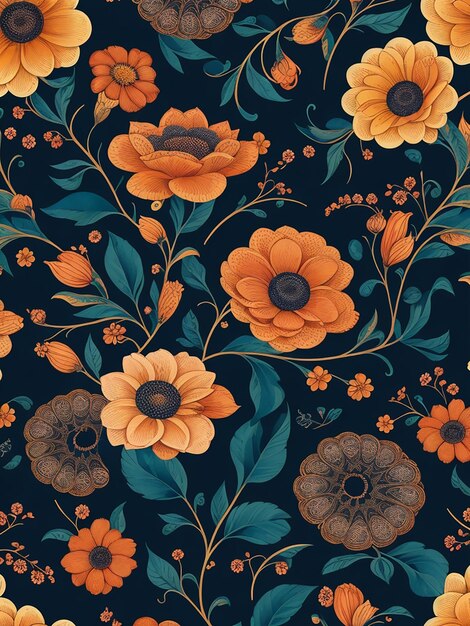 Un colorato disegno floreale con fiori arancione giallo blu e arancione