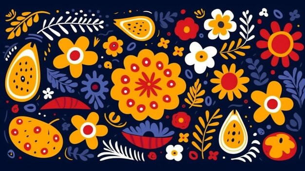 Un colorato disegno floreale con frutta e fiori generativo ai