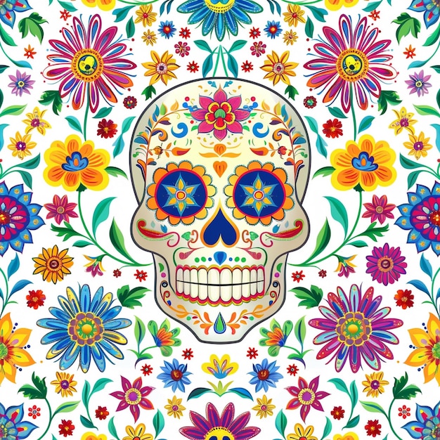 un colorato disegno floreale con un cranio e fiori