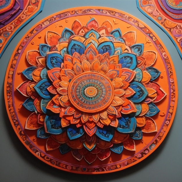 Un colorato disegno floreale di mandala con l'ar su di esso