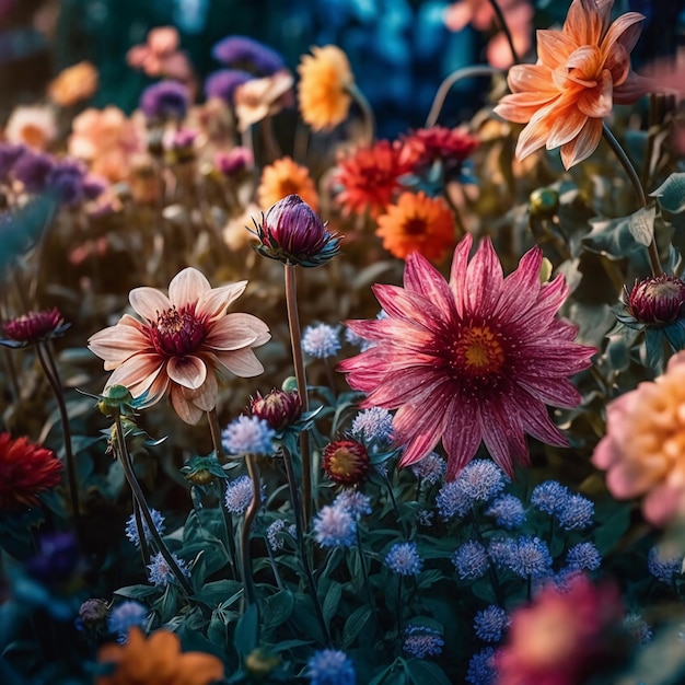 Un colorato giardino fiorito con un fiore rosa nel mezzo