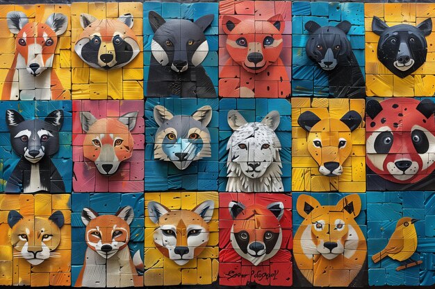 Un colorato mosaico di legno di vari animali che crea un capriccioso pezzo d'arte murale