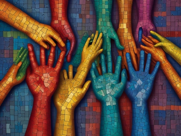 un colorato mosaico di mani multicolori con colori diversi
