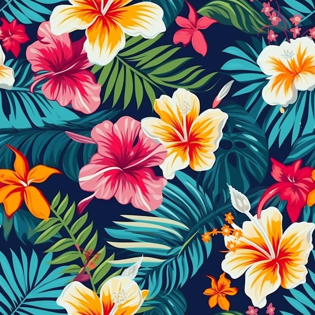 Un colorato motivo floreale tropicale con foglie e fiori generativi ai