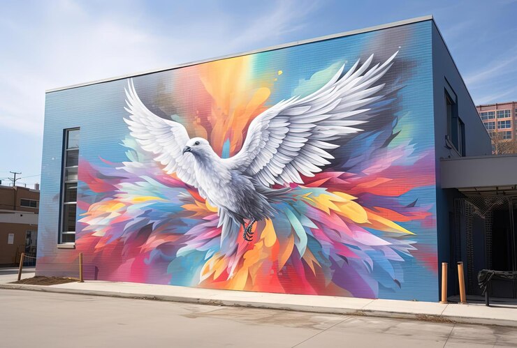 Foto un colorato murale multicolore di una colomba è stato dipinto su un edificio in stile bianco e argento