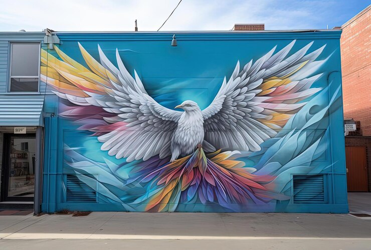 Foto un colorato murale multicolore di una colomba è stato dipinto su un edificio in stile bianco e argento