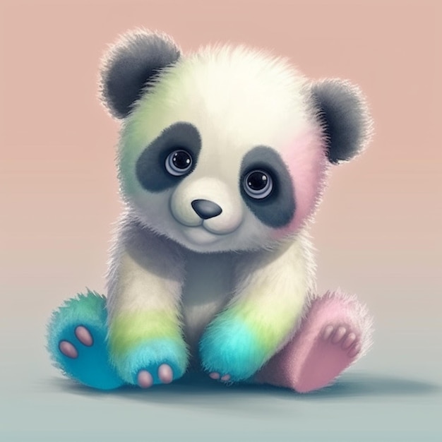 Un colorato orso panda con gli occhi azzurri siede su uno sfondo rosa.