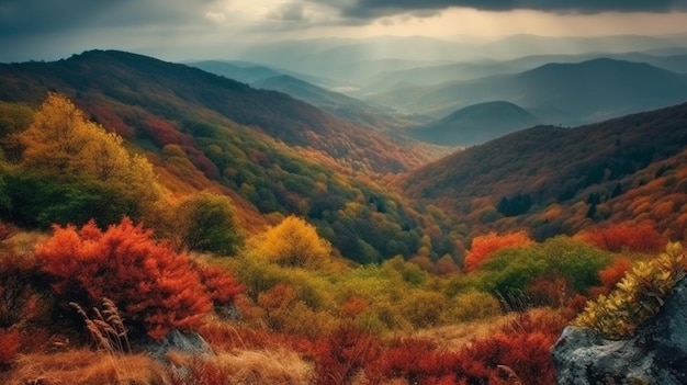 Un colorato paesaggio autunnale con montagne e alberi sullo sfondo.