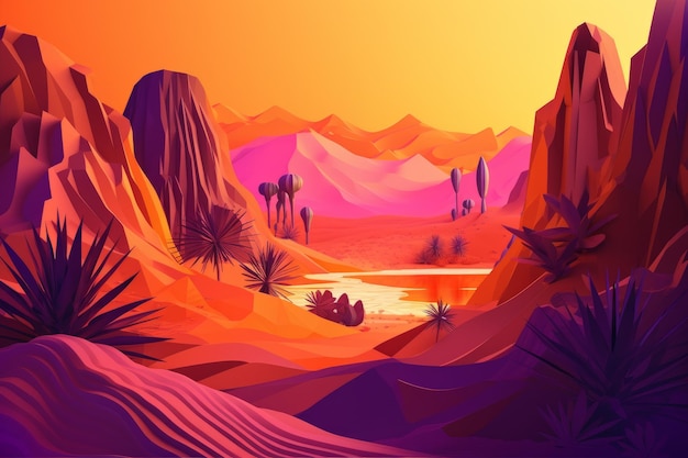 Un colorato paesaggio desertico con montagne e deserto e un lago.
