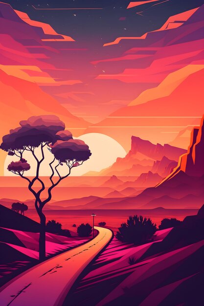 Un colorato paesaggio desertico con una strada che conduce alle montagne.