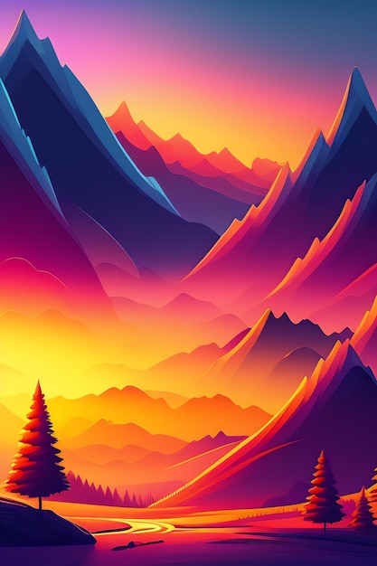 Un colorato paesaggio montano con un tramonto e le parole montagna sul fondo