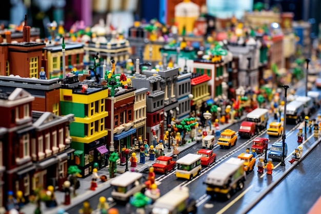 un colorato paesaggio urbano lego con edifici imponenti generati dall'intelligenza artificiale