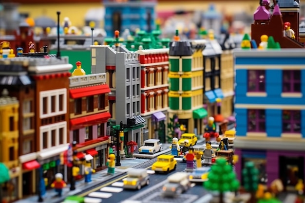 un colorato paesaggio urbano lego con edifici imponenti generati dall'intelligenza artificiale