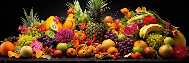 Un colorato paradiso tropicale fresco e esotico, una delizia fruttata, un piatto di frutta tropicale succosa, un'esperienza sensoriale generata dall'IA.