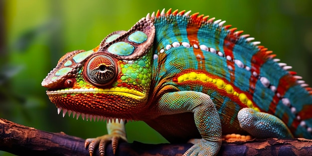 Un colorato primo piano camaleonte con un'alta cresta sulla testa IA generativa