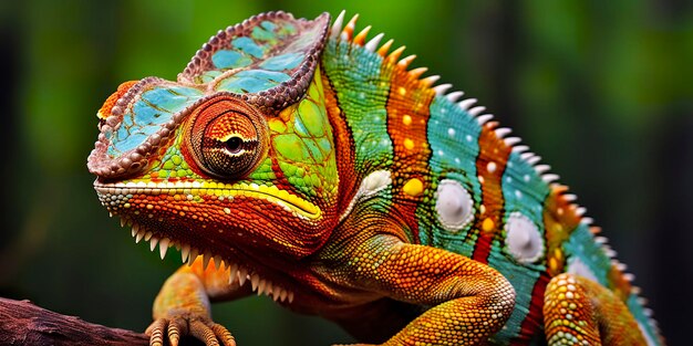 Un colorato primo piano camaleonte con un'alta cresta sulla testa IA generativa