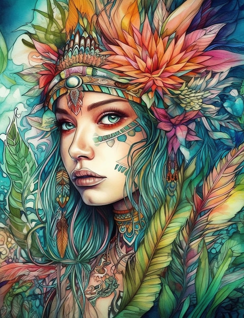 Un colorato ritratto di una donna con una corona di fiori e piume.