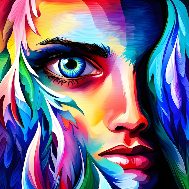 Un colorato ritratto di una donna con una faccia color arcobaleno.