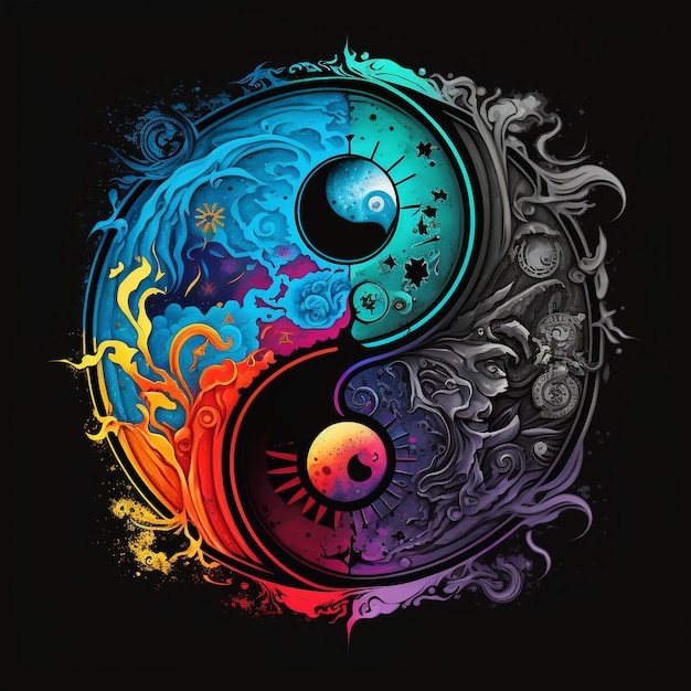 Un colorato simbolo yin yang con uno sfondo nero.
