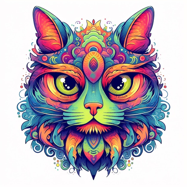 Un colorato simpatico gatto dal design vibrante della maglietta Gatto in vivaci colori primari con psichedelico