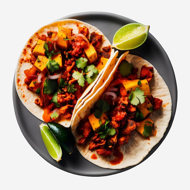 Un colorato Tacos al Pastor su sfondo bianco. Succoso maiale marinato, ananas fresco e coriandolo.