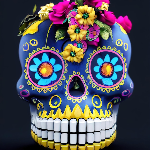 Un colorato teschio di zucchero tradizionale Calavera decorato con fiori per il giorno dei morti dia de los muertos