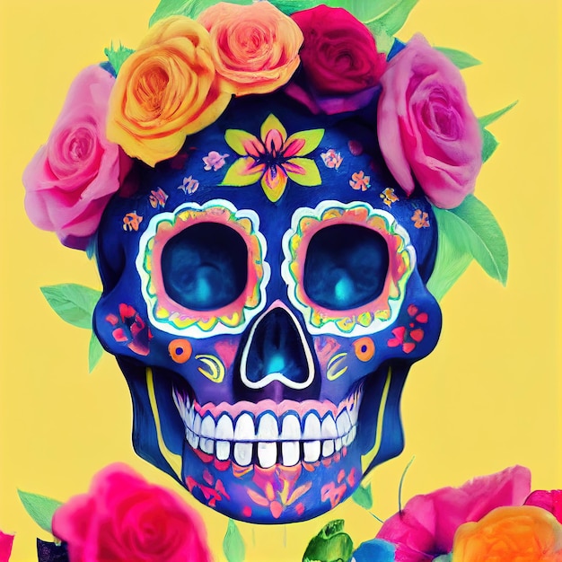 Un colorato teschio di zucchero tradizionale Calavera decorato con fiori per il giorno dei morti dia de los muertos