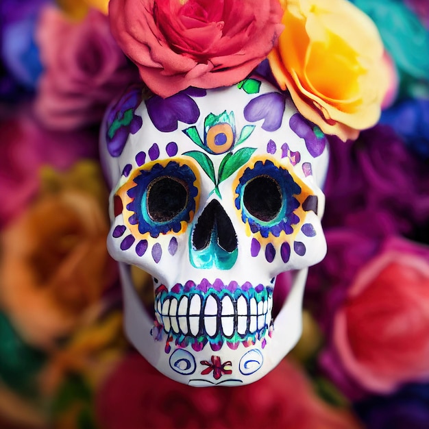 Un colorato teschio di zucchero tradizionale Calavera decorato con fiori per il giorno dei morti dia de los muertos